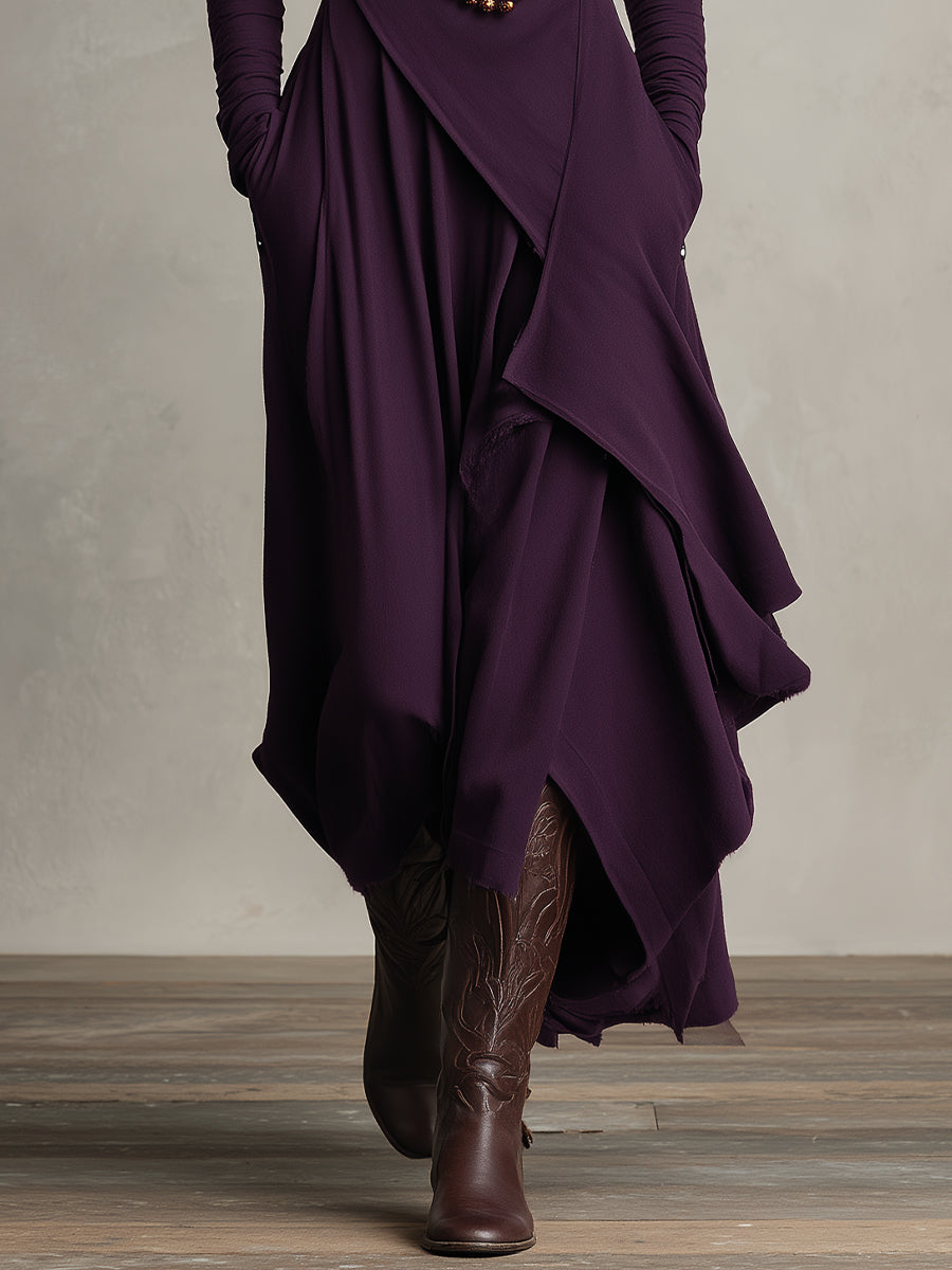 Natalia | Asymmetrisk Maxi Strikket Kjole med Rullekrave