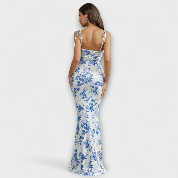 Thalia - Blomsterprintet gallakjole med bundne skulderstropper