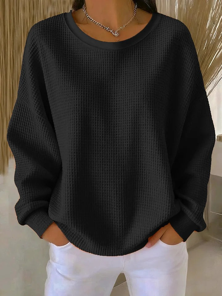 Suéter feminino de tricô waffle, modelagem oversized, silhueta confortável, casual para o dia a dia