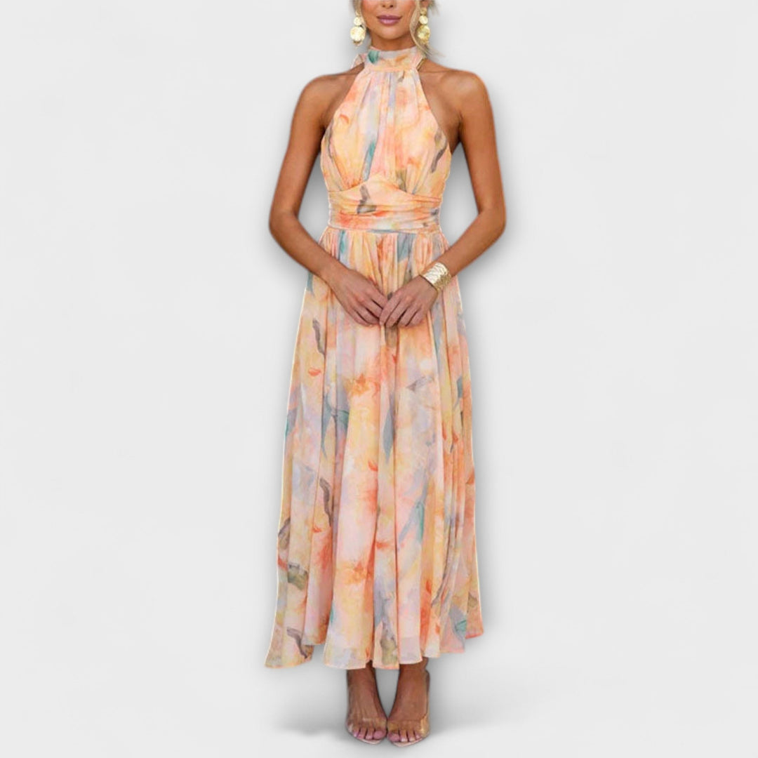 Halter-Neck Akvarelprint Maxi-kjole