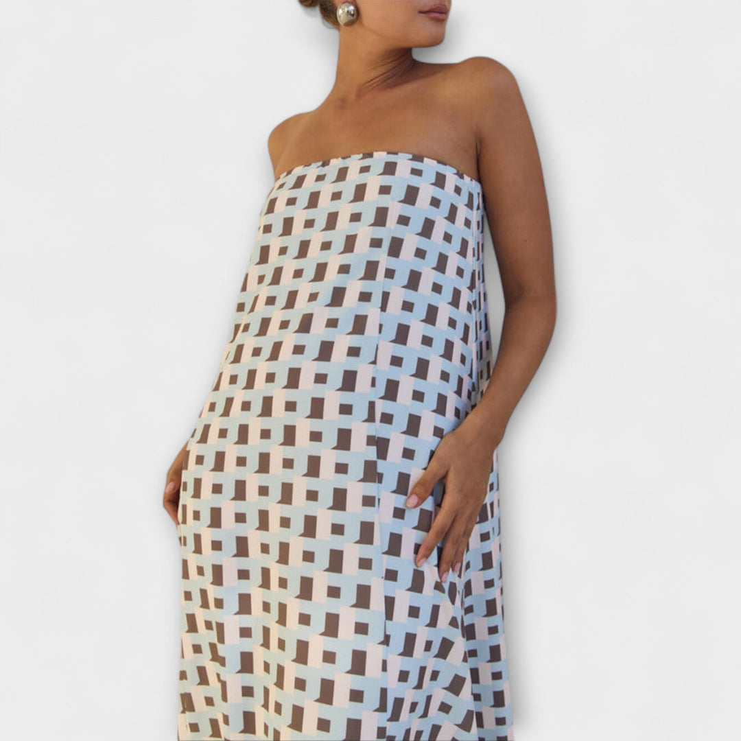 Hazel - Robe maxi unique à épaules dénudées et motif géométrique
