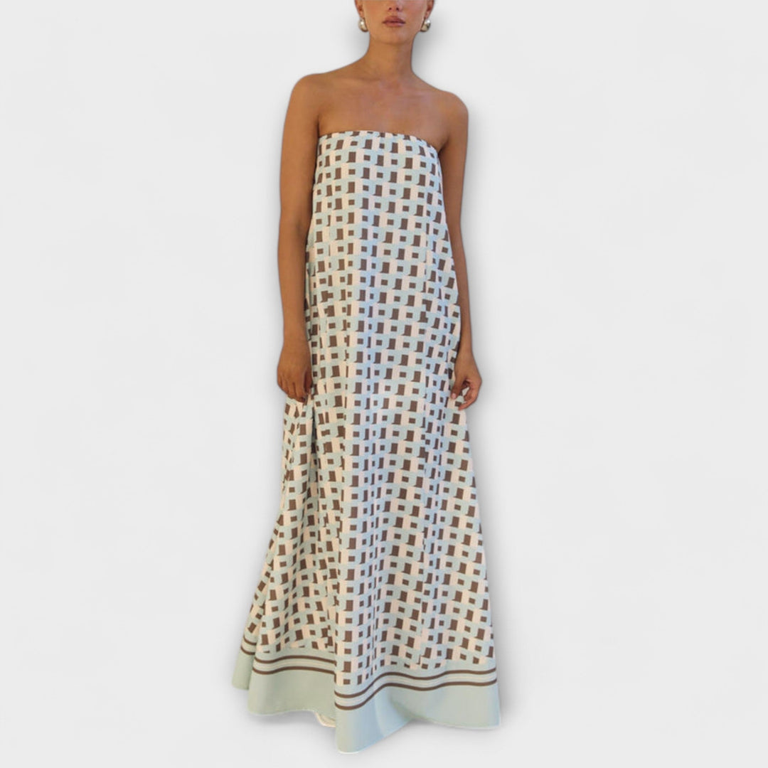 Hazel - Robe maxi unique à épaules dénudées et motif géométrique