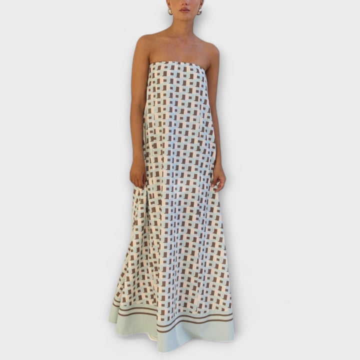 Hazel - Robe maxi unique à épaules dénudées et motif géométrique