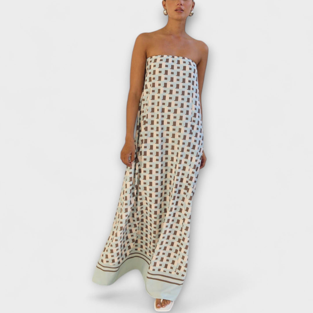 Hazel - Robe maxi unique à épaules dénudées et motif géométrique