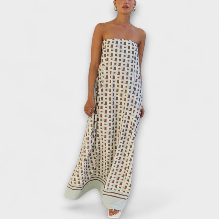 Hazel - Robe maxi unique à épaules dénudées et motif géométrique