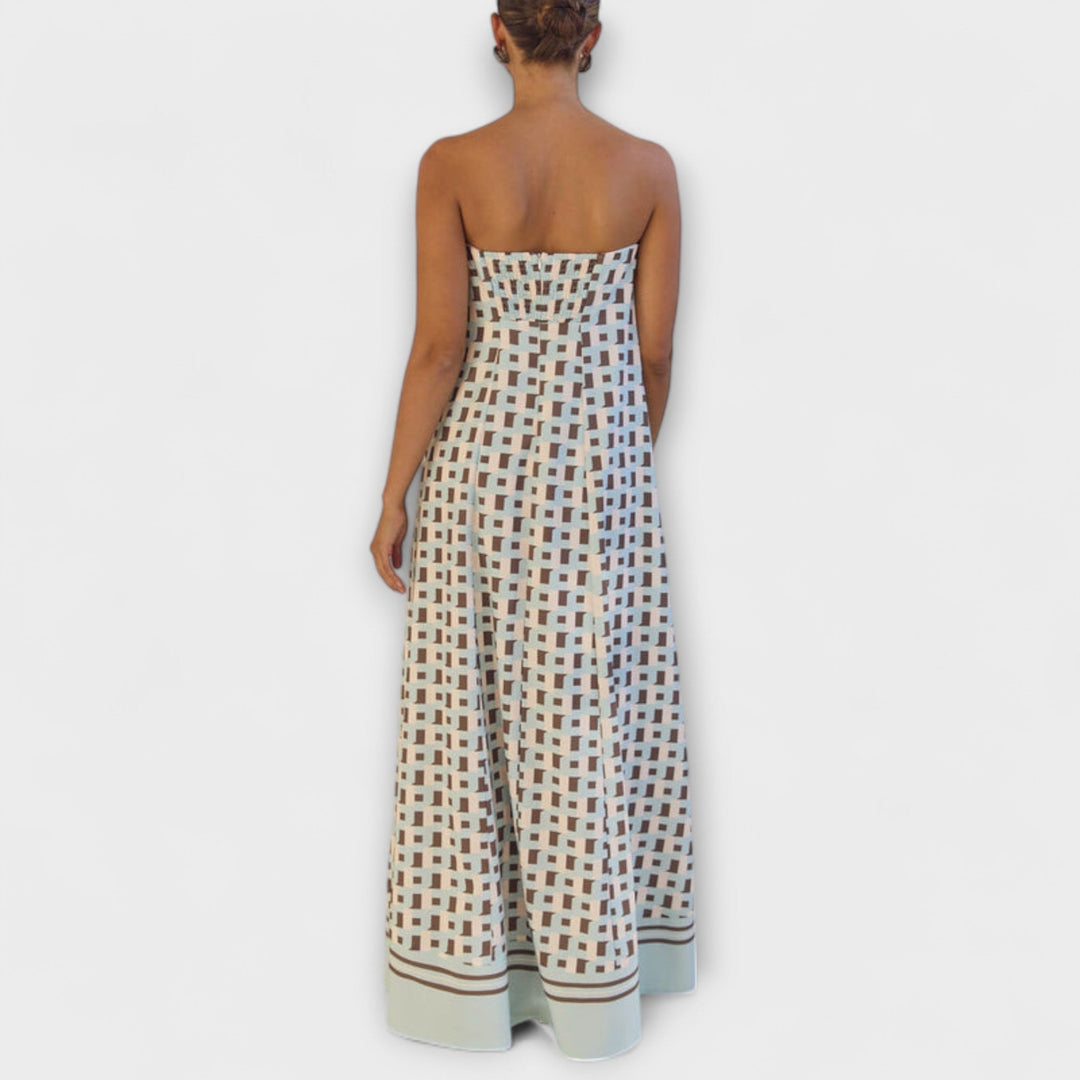 Hazel - Robe maxi unique à épaules dénudées et motif géométrique
