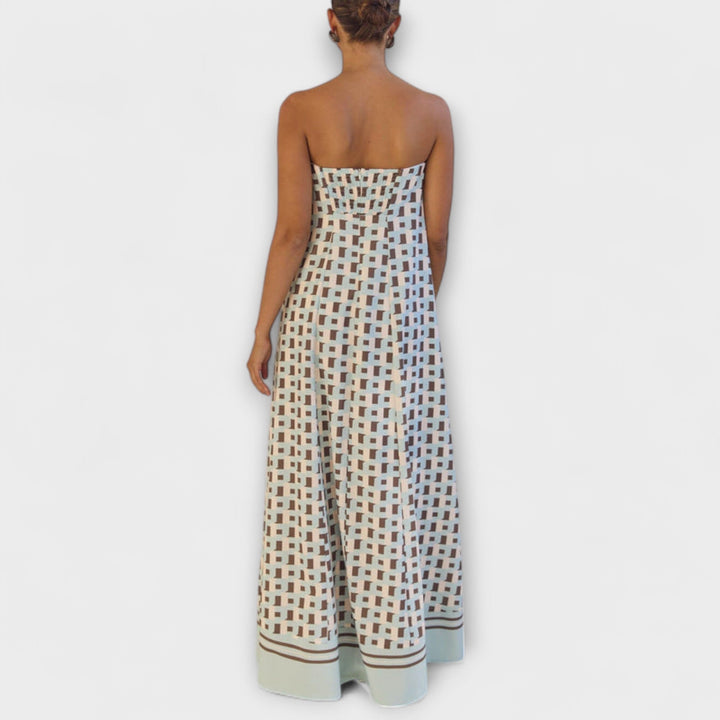 Hazel - Robe maxi unique à épaules dénudées et motif géométrique