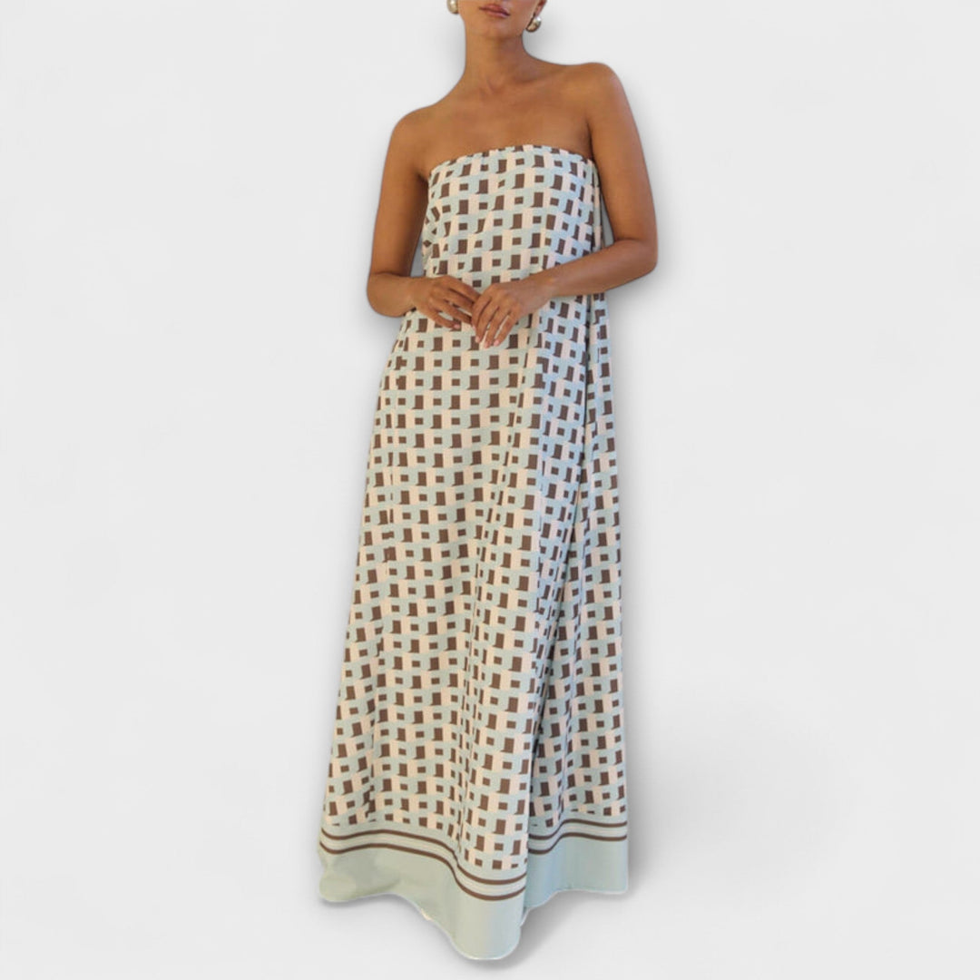 Hazel - Robe maxi unique à épaules dénudées et motif géométrique