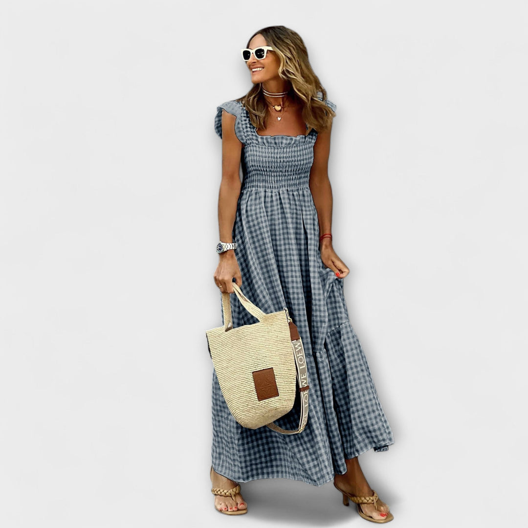 Karierter Maxikleid mit Rüschenärmeln