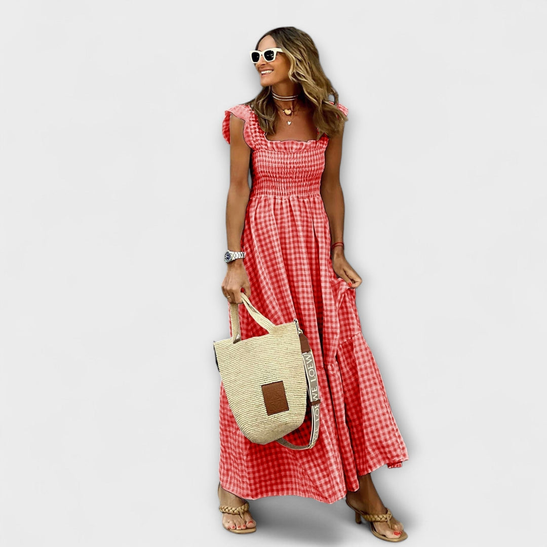 Karierter Maxikleid mit Rüschenärmeln