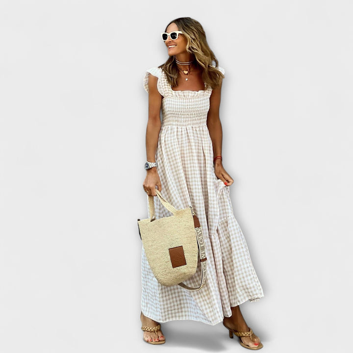 Karierter Maxikleid mit Rüschenärmeln