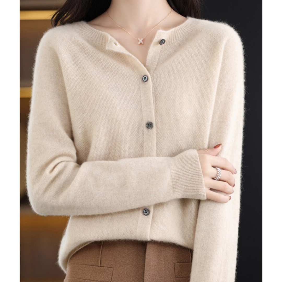 Gilet pour femme en mélange de laine mérinos et de cachemire, col rond, boutonnage sur le devant, style bureau décontracté