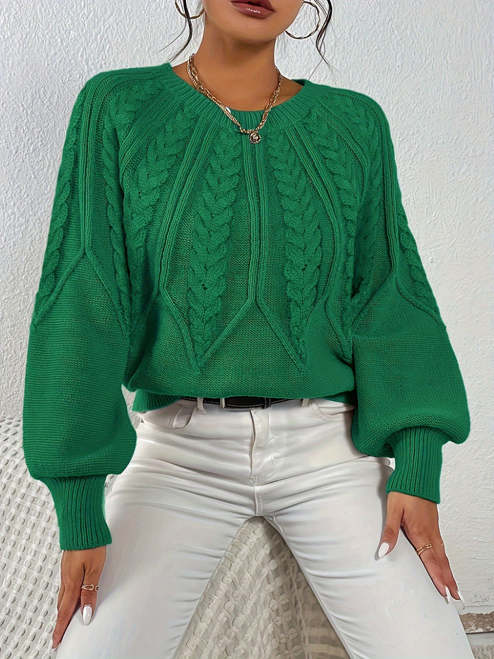 Women's Cable Knit Sweater with Relaxed Fit and Lantern Sleeves for Everyday Wear