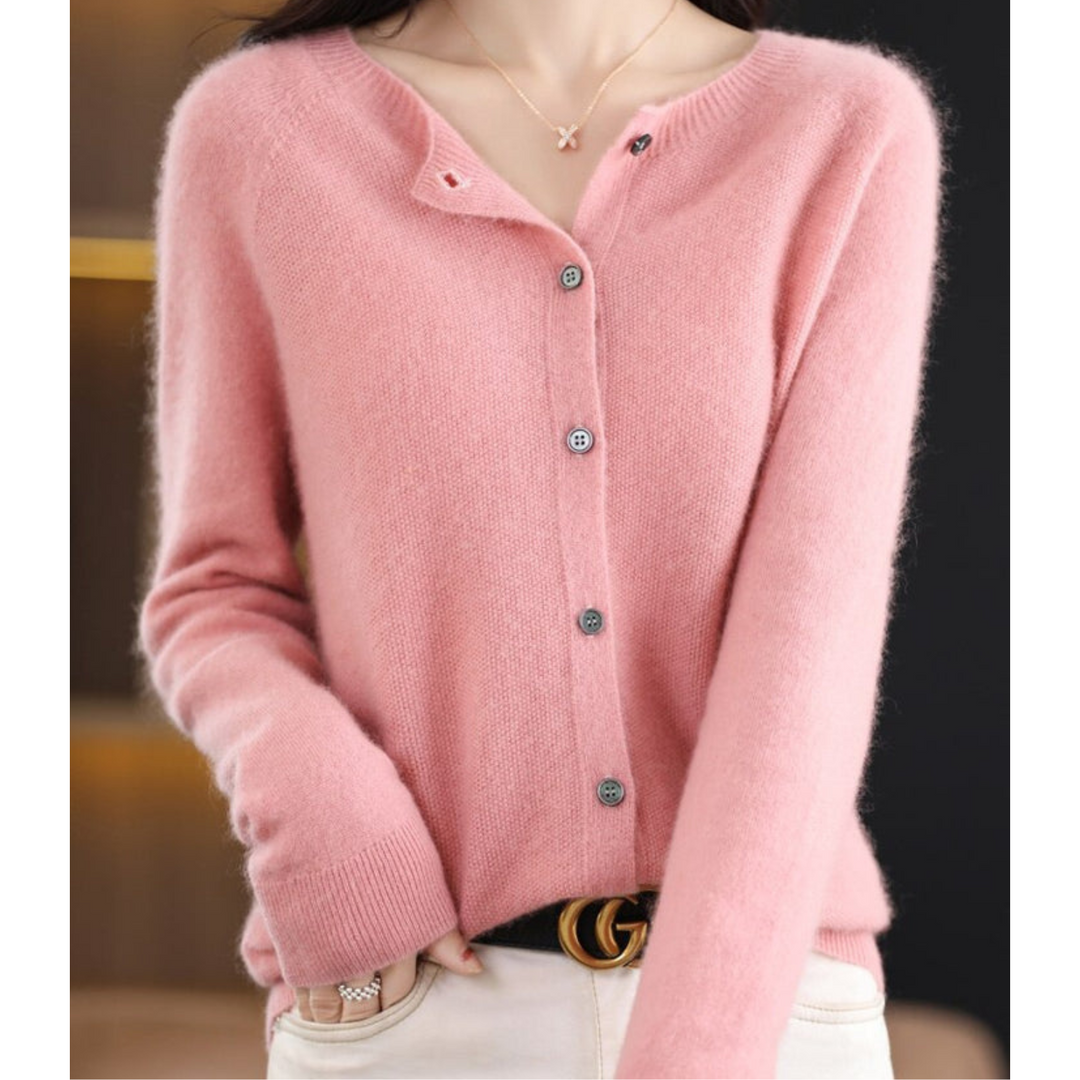 Gilet pour femme en mélange de laine mérinos et de cachemire, col rond, boutonnage sur le devant, style bureau décontracté