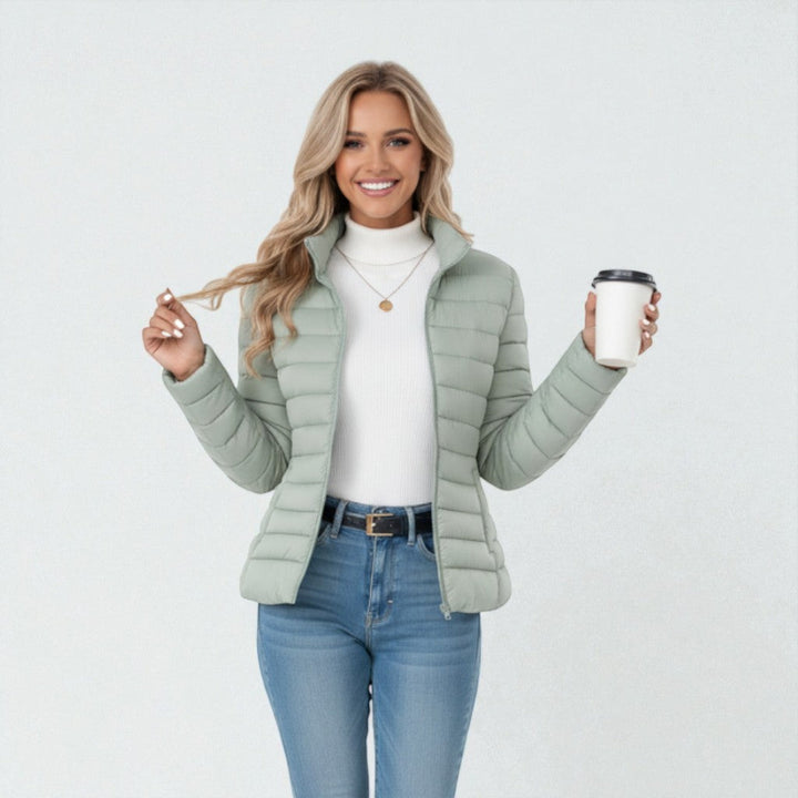 Chaqueta acolchada para mujer, con relleno térmico, cuello alto, cierre de cremallera, casual
