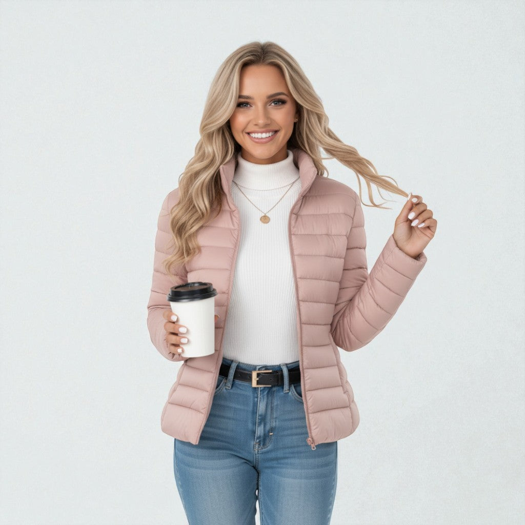 Chaqueta acolchada para mujer, con relleno térmico, cuello alto, cierre de cremallera, casual