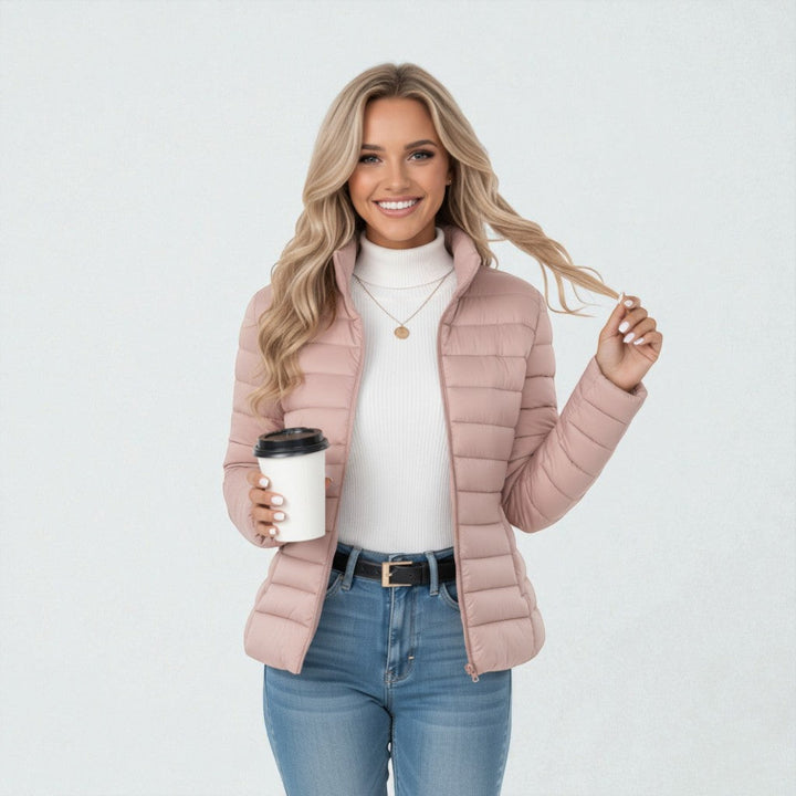 Chaqueta acolchada para mujer, con relleno térmico, cuello alto, cierre de cremallera, casual