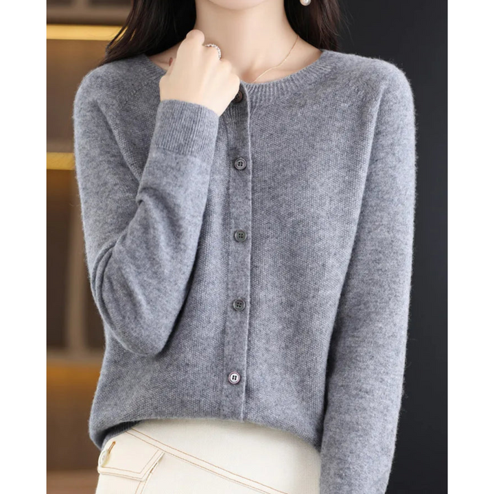 Gilet pour femme en mélange de laine mérinos et de cachemire, col rond, boutonnage sur le devant, style bureau décontracté