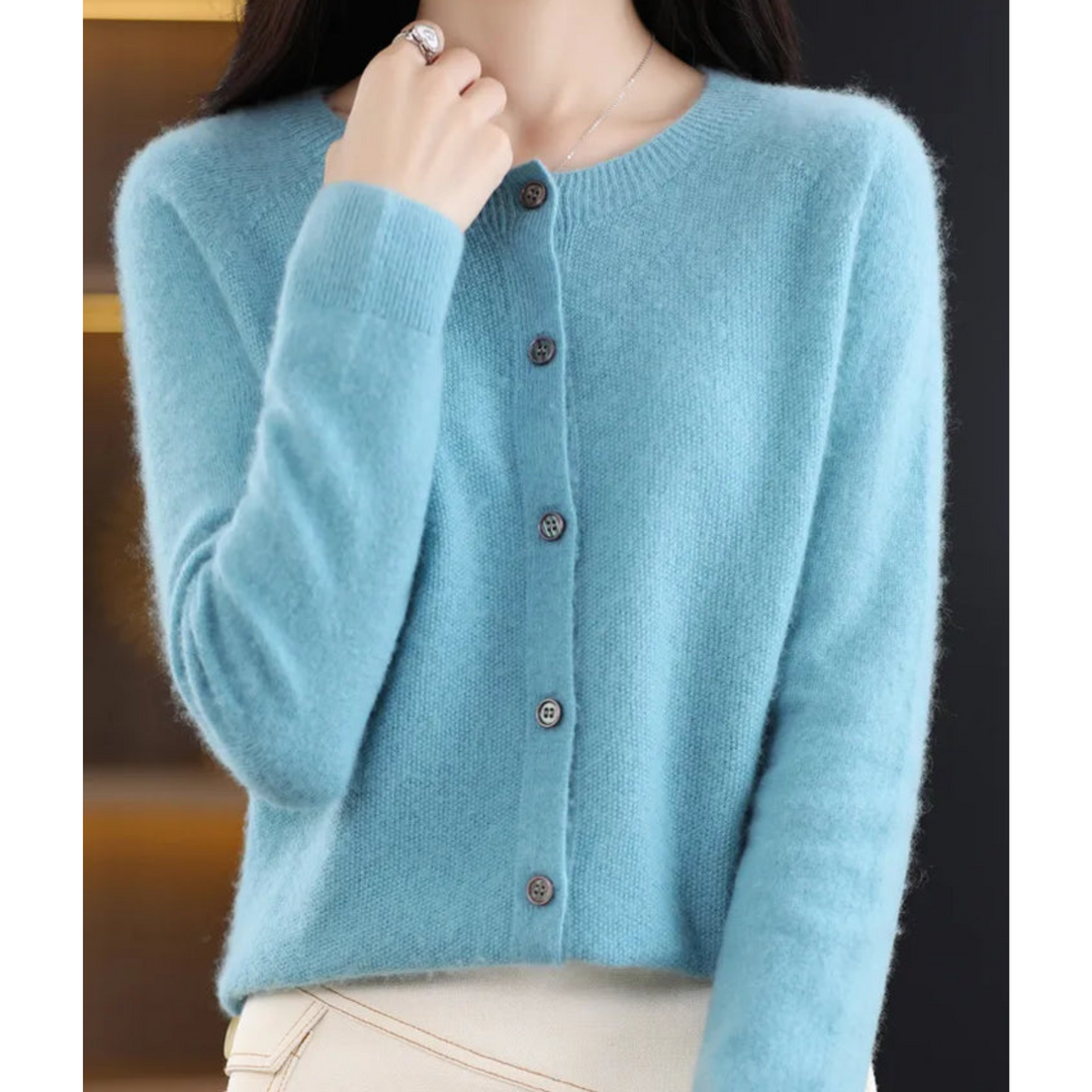 Gilet pour femme en mélange de laine mérinos et de cachemire, col rond, boutonnage sur le devant, style bureau décontracté