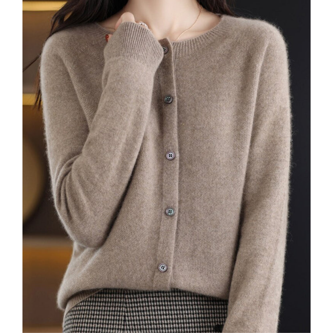 Gilet pour femme en mélange de laine mérinos et de cachemire, col rond, boutonnage sur le devant, style bureau décontracté