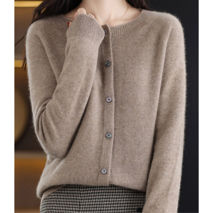 Gilet pour femme en mélange de laine mérinos et de cachemire, col rond, boutonnage sur le devant, style bureau décontracté