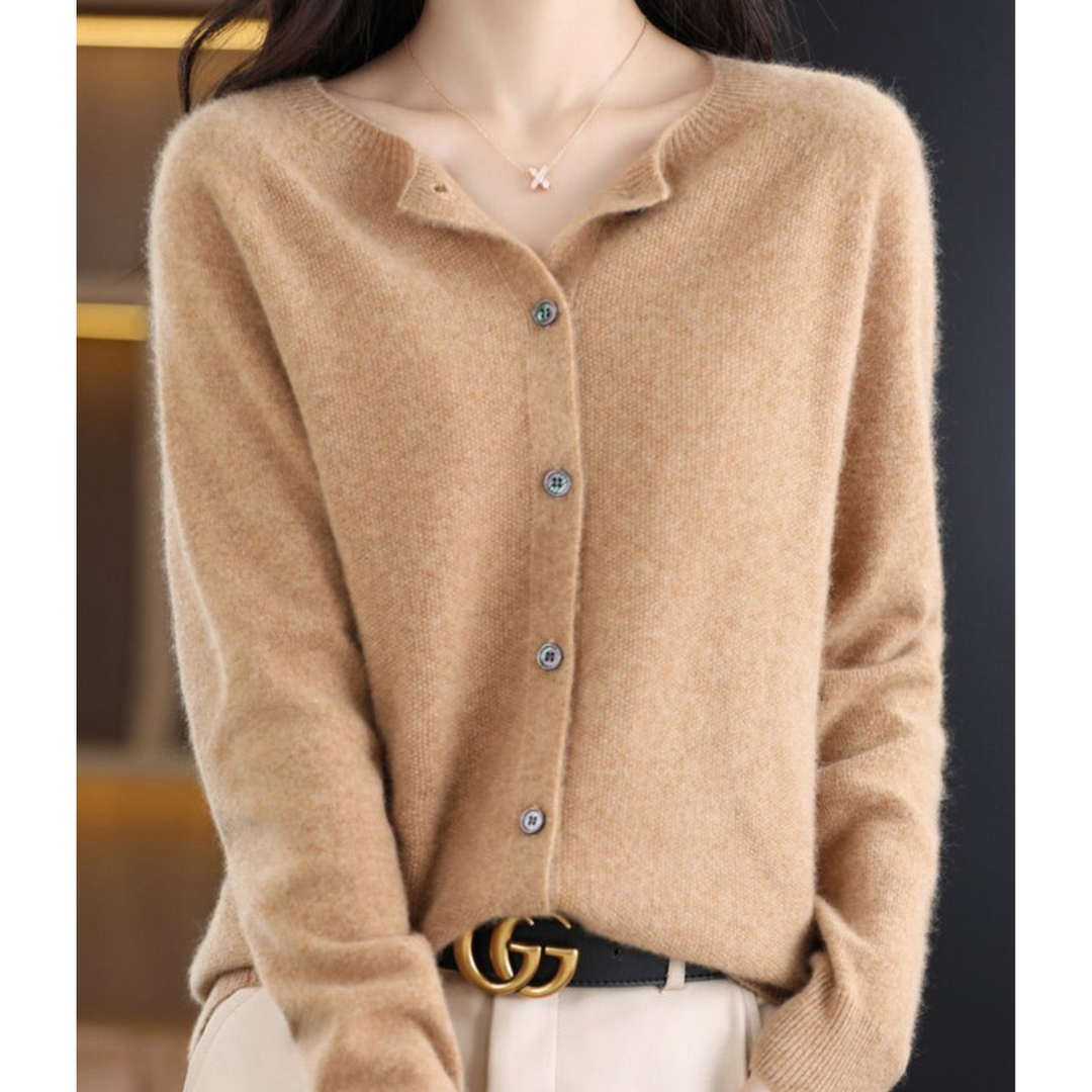 Gilet pour femme en mélange de laine mérinos et de cachemire, col rond, boutonnage sur le devant, style bureau décontracté