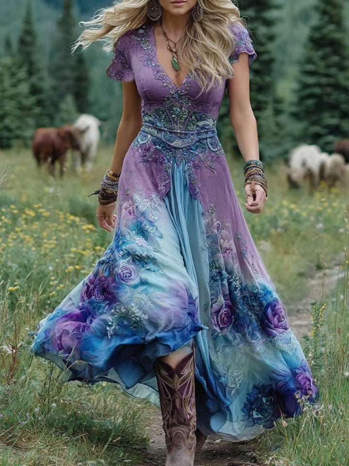 Elegantes Farbverlauf-Kurz-Maxikleid in Lila, Lavendel und Blumenmuster