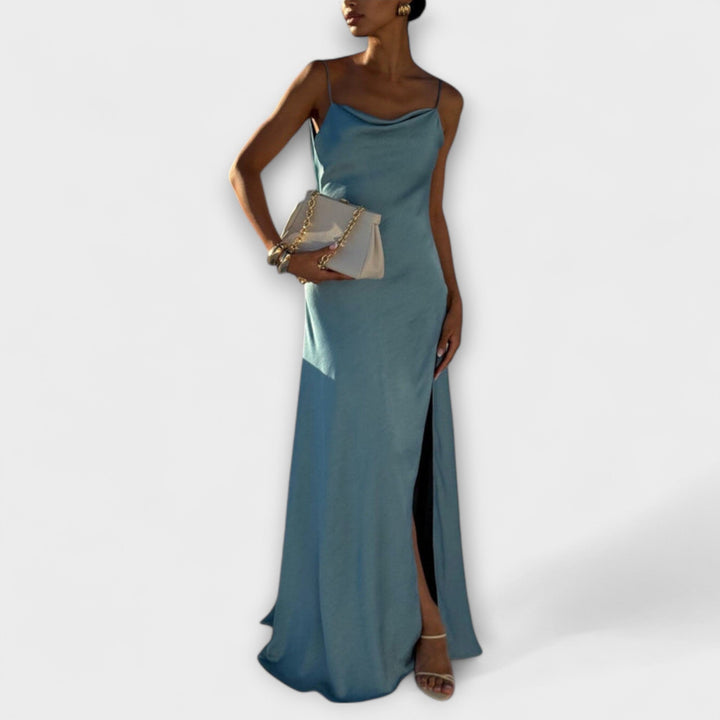 Hallie - Chic Satin Maxi Dress with High Slit