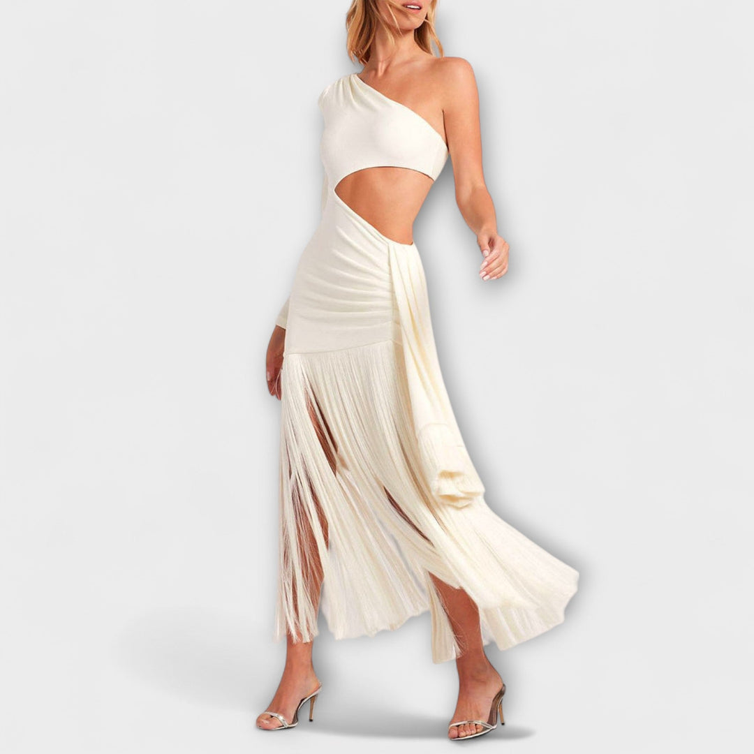 Alice - Vestido Longo com Recortes e Franjas que Chamam Atenção