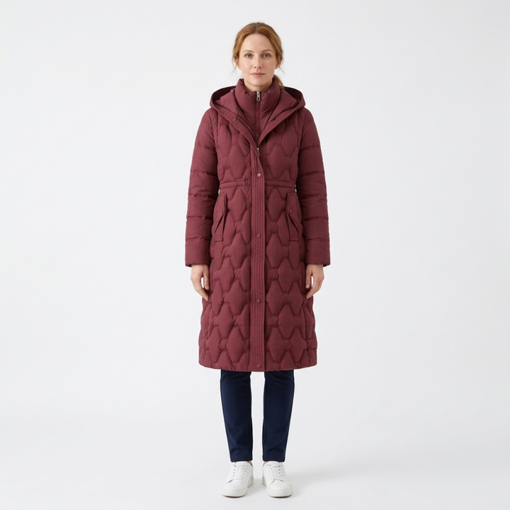 Daisy | Elegant Women’s Long Quilted Puffer Coat with Hood and Cinched Waist