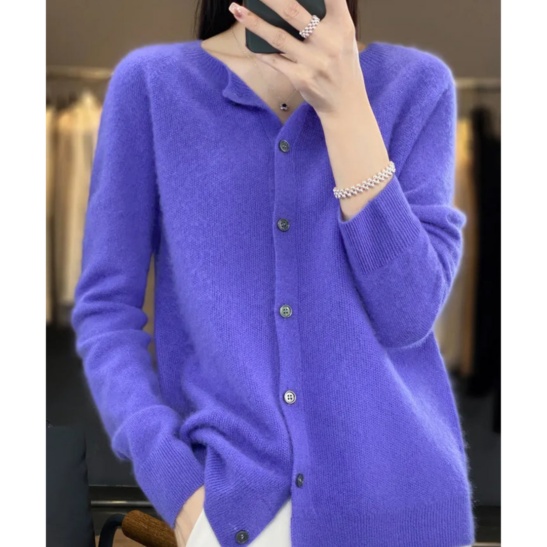 Gilet pour femme en mélange de laine mérinos et de cachemire, col rond, boutonnage sur le devant, style bureau décontracté