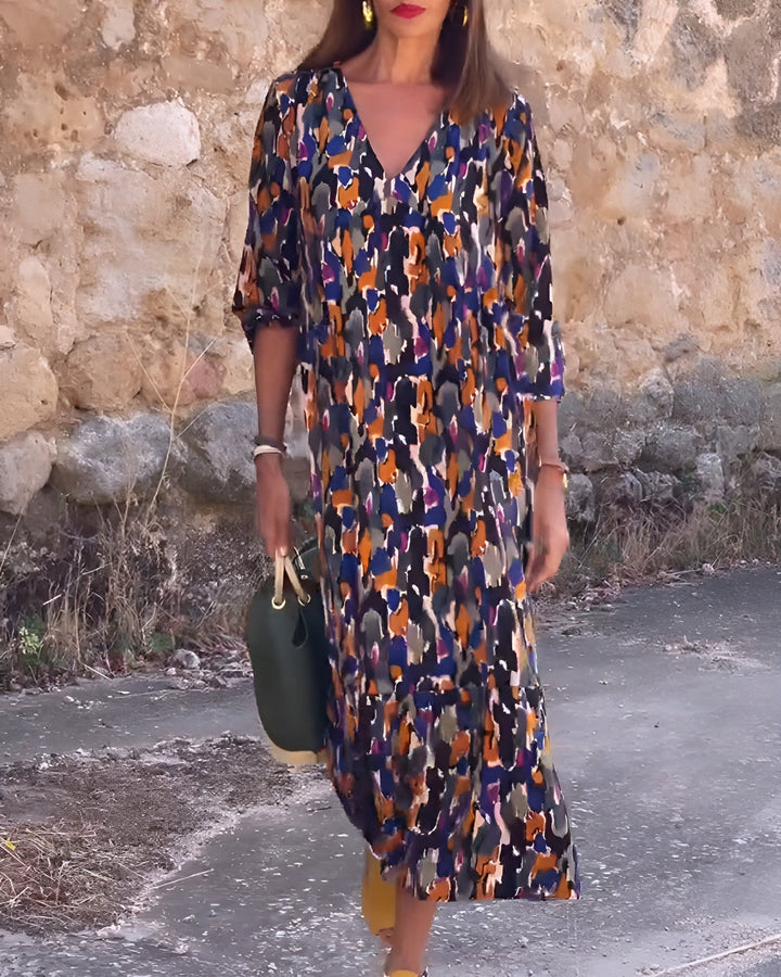 Nathalie | Retro bedrucktes Kleid mit V-Ausschnitt