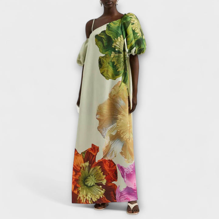 Skylar - Maxikjole med blomsterprint, asymmetrisk halsudskæring og pufærmer