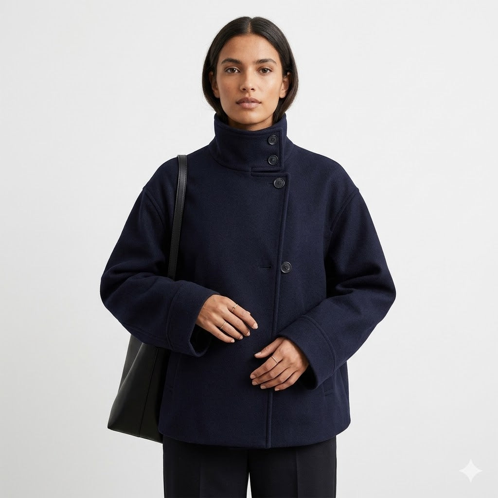 Women's Short Coat Wool Blend Relaxed Fit Button Closure High Neckline Casual