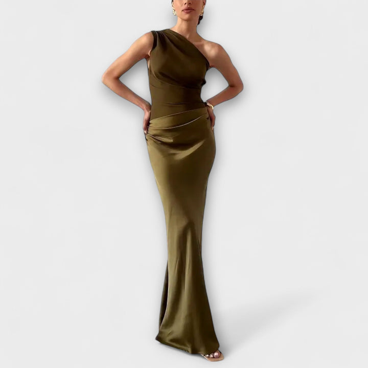 Vestido Maxi Plissado Elegante de Um Ombro Só