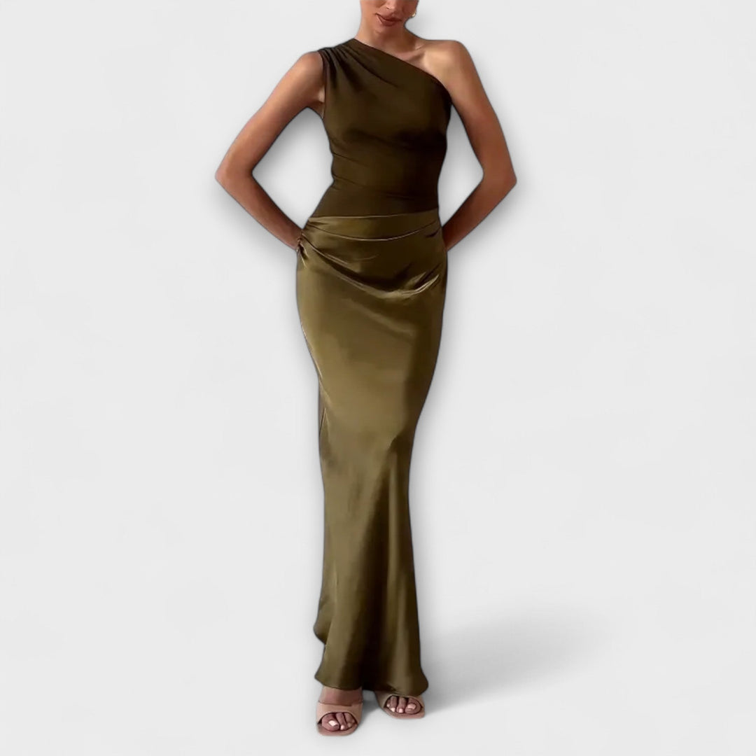 Vestido Maxi Plissado Elegante de Um Ombro Só