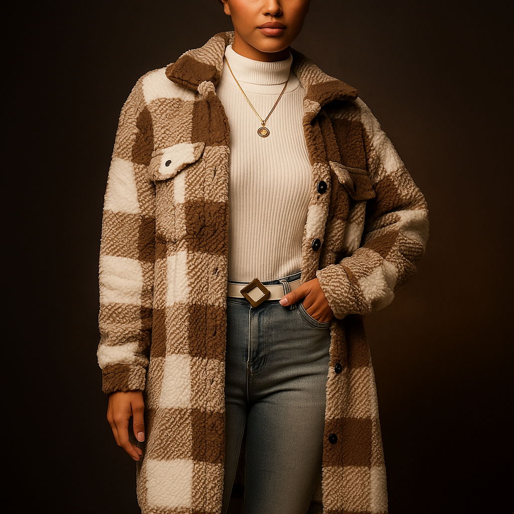 Tatum | Plush Fleece Overcoat with Checkerboard Pattern and Turn-Down Collar