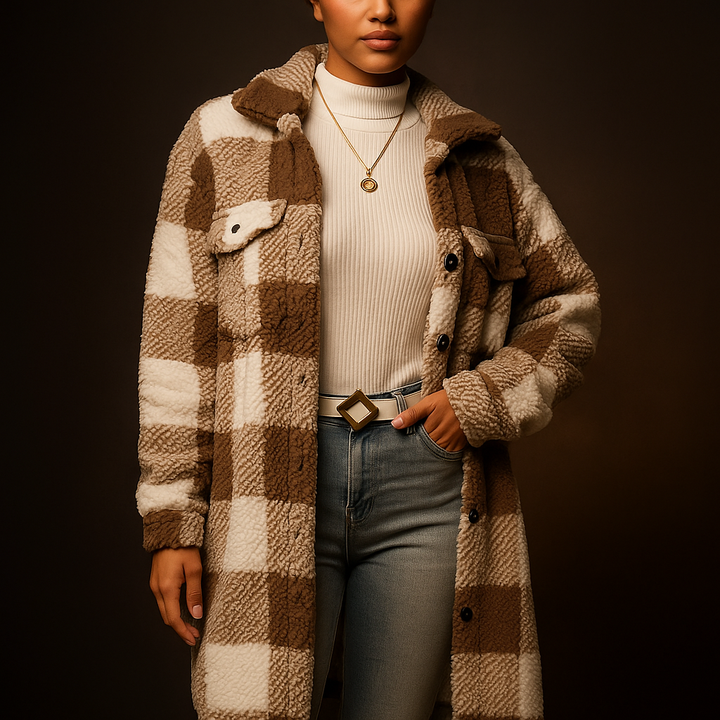 Tatum | Plush Fleece Overcoat with Checkerboard Pattern and Turn-Down Collar