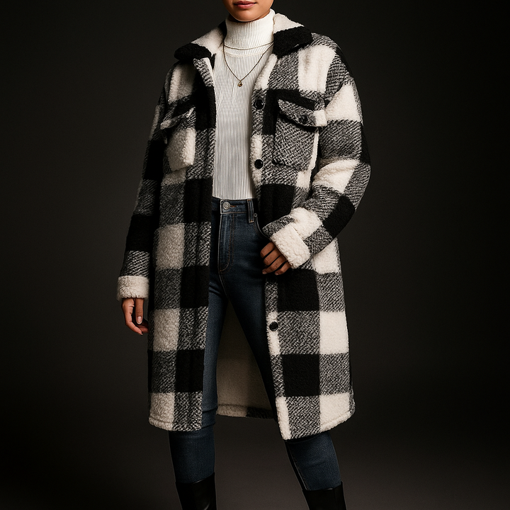 Tatum | Plush Fleece Overcoat with Checkerboard Pattern and Turn-Down Collar