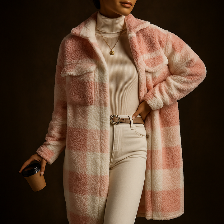 Tatum | Plush Fleece Overcoat with Checkerboard Pattern and Turn-Down Collar