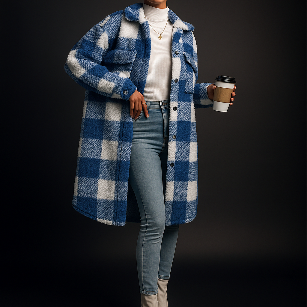 Tatum | Plush Fleece Overcoat with Checkerboard Pattern and Turn-Down Collar