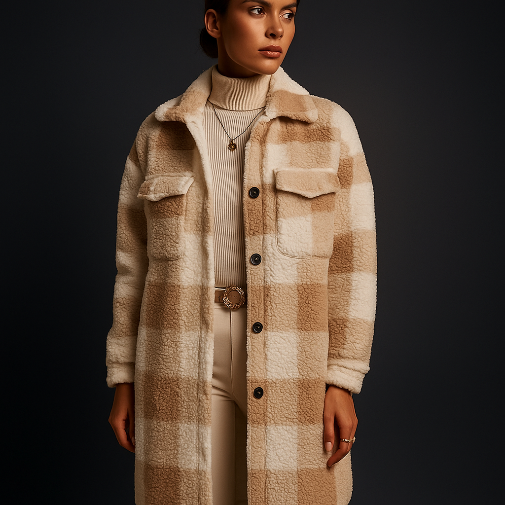 Tatum | Plush Fleece Overcoat with Checkerboard Pattern and Turn-Down Collar