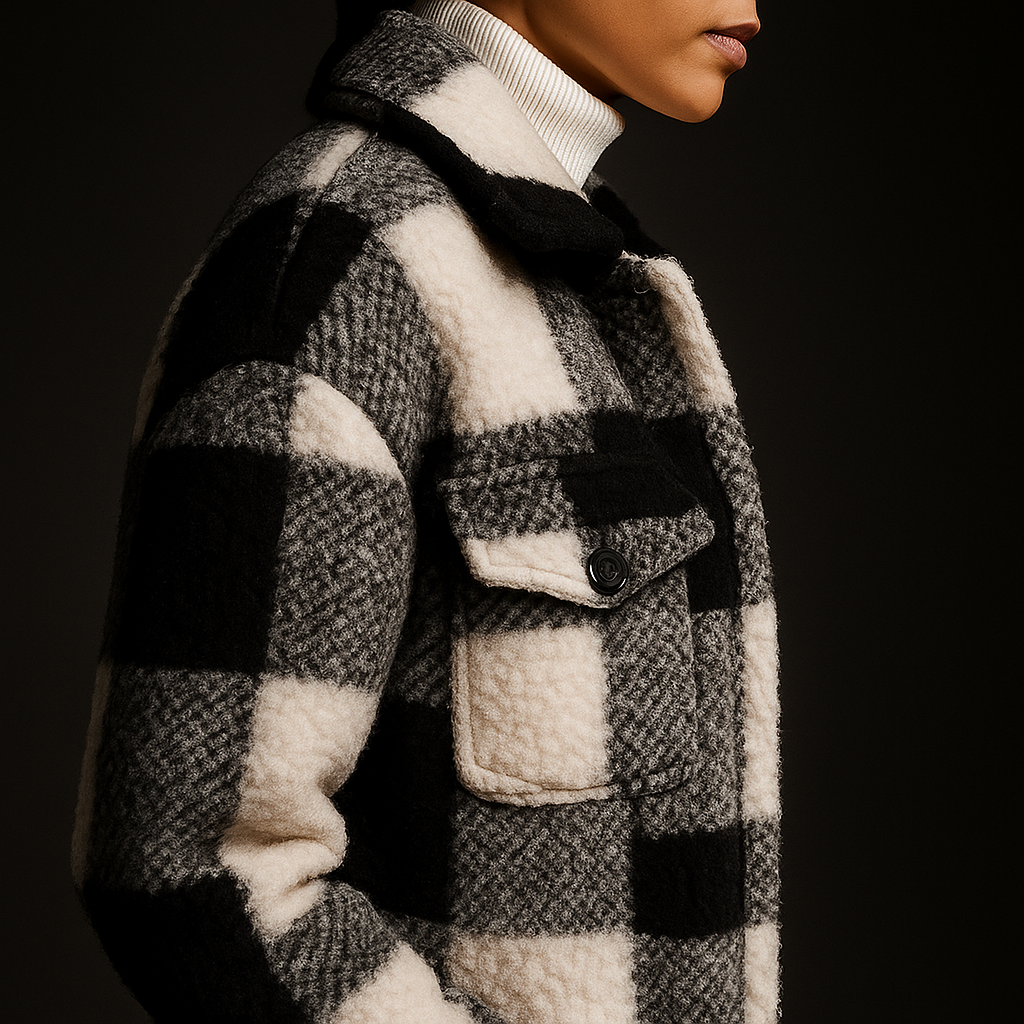 Tatum | Plush Fleece Overcoat with Checkerboard Pattern and Turn-Down Collar