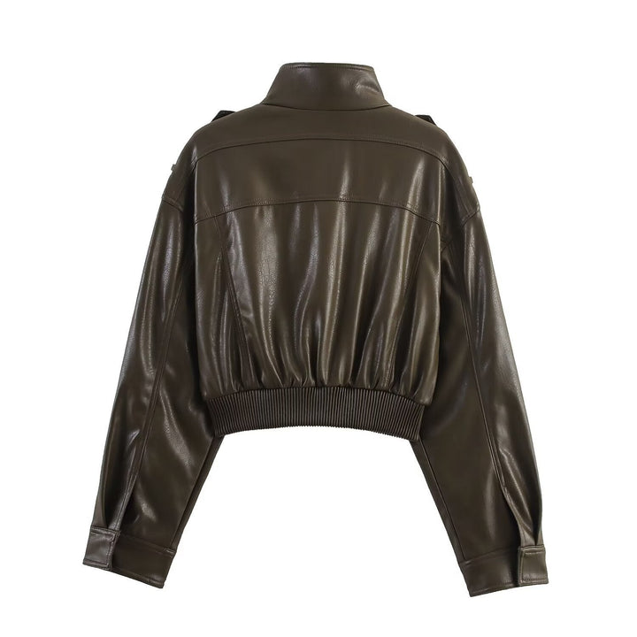 Abigail | Strukturierte Cropped-Bomberjacke für Damen aus Kunstleder mit Rippbündchen
