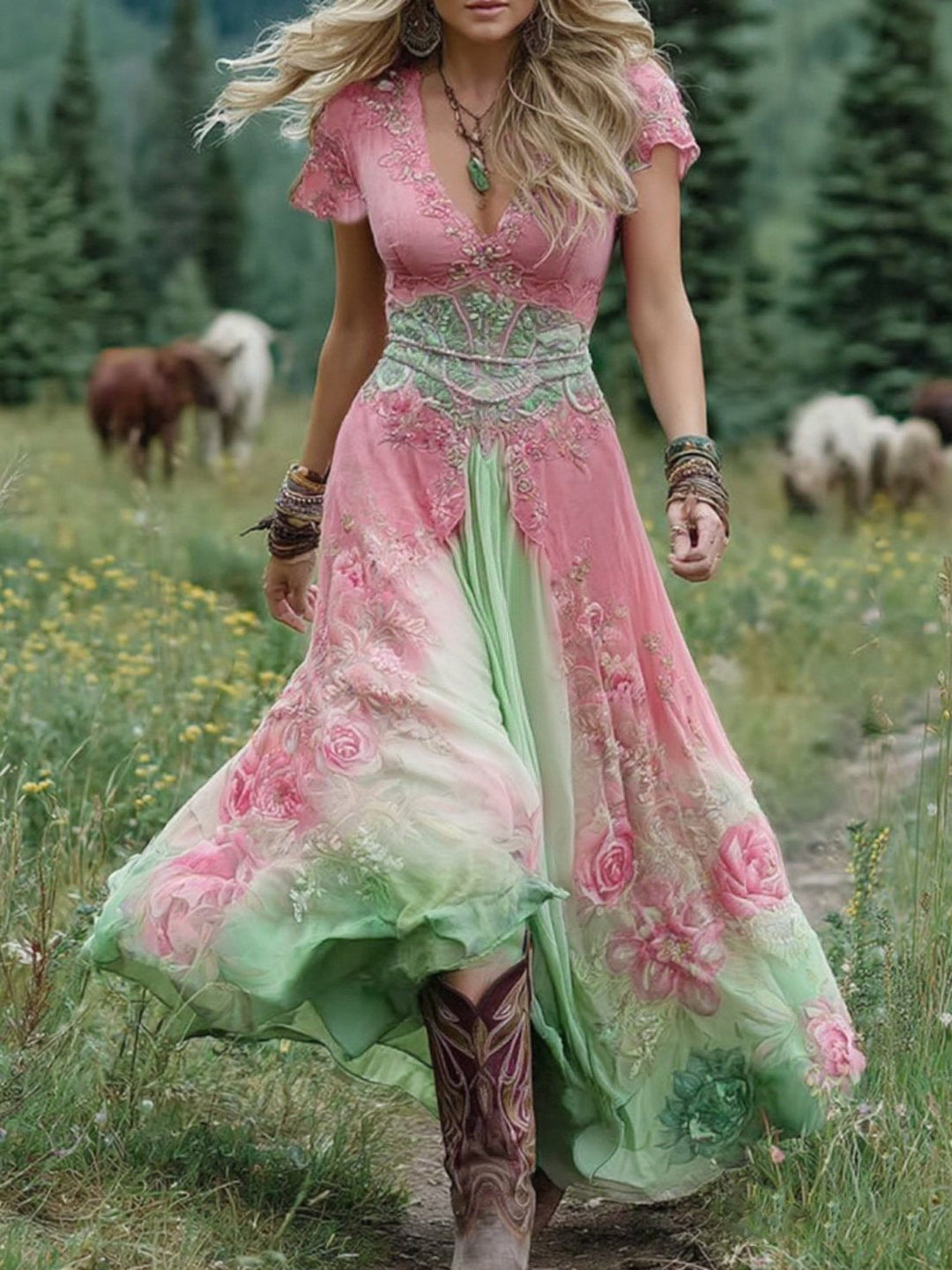 Elegantes Farbverlauf-Kurz-Maxikleid in Lila, Lavendel und Blumenmuster