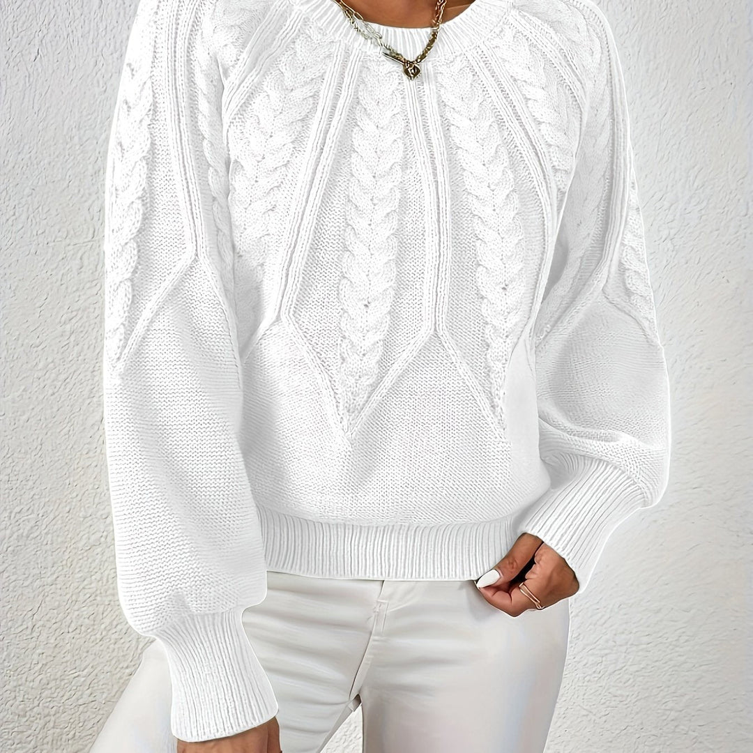 Women's Cable Knit Sweater with Relaxed Fit and Lantern Sleeves for Everyday Wear