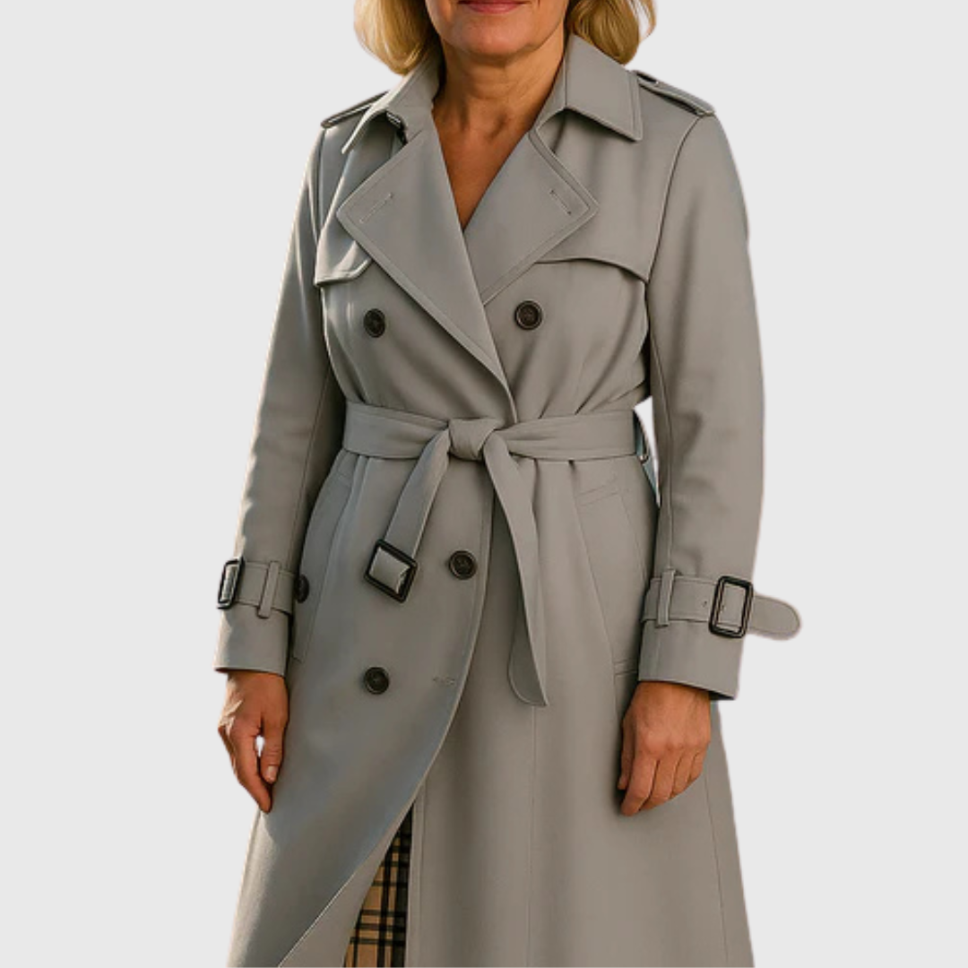 Langer Damen-Trenchcoat mit doppelreihiger Knopfleiste, Gürtel und Reverskragen