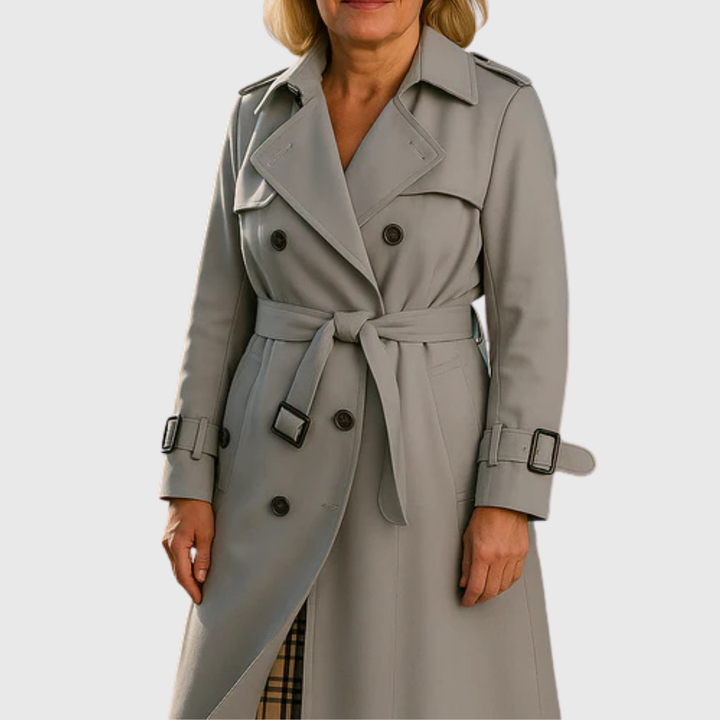 Langer Damen-Trenchcoat mit doppelreihiger Knopfleiste, Gürtel und Reverskragen