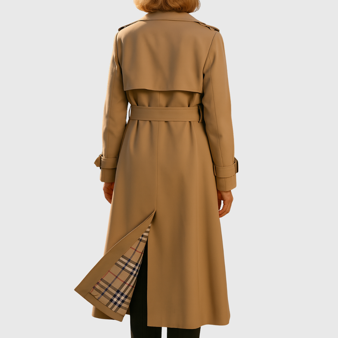 Langer Damen-Trenchcoat mit doppelreihiger Knopfleiste, Gürtel und Reverskragen