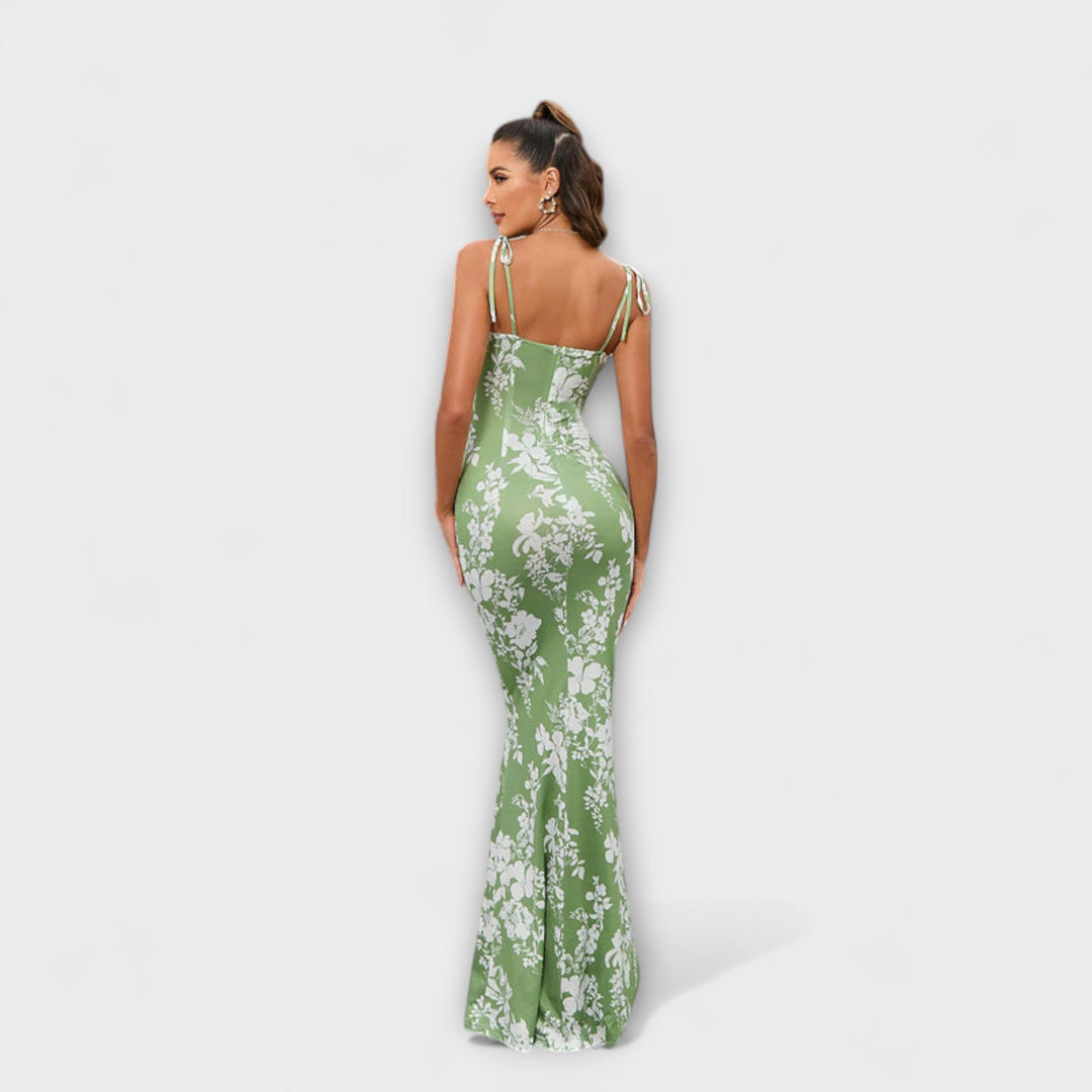 Thalia - Blomsterprintet gallakjole med bundne skulderstropper
